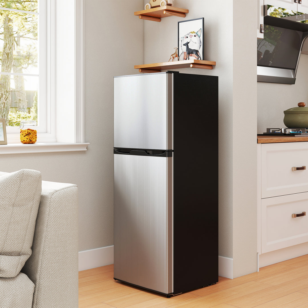 HOMCOM Double Door Mini Fridge with Freezer, 4.6 Cu.Ft Small Refrigerator with Thermostat, Shelves, Reversible Door, Silver