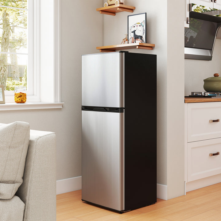 HOMCOM Double Door Mini Fridge with Freezer, 4.6 Cu.Ft Small Refrigerator with Thermostat, Shelves, Reversible Door, Silver