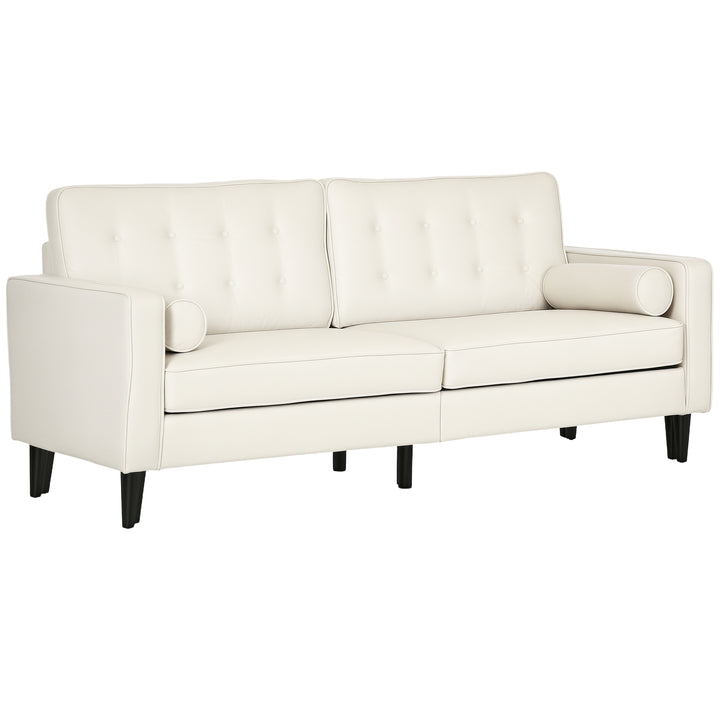 HOMCOM Mid-Century Sofa, Couch with Button-Tufted Back Cushion, Velvet Feel Fabric Upholstery, 2 Cylindrical Pillows and Rubber Wood Legs for Living Room, Cream White