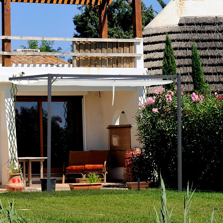 Outsunny 10'x10' Outdoor Pergola Gazebo with Retractable Canopy & Metal Frame & PA Coated Sun Shelter Door Porch Cover, Cream White