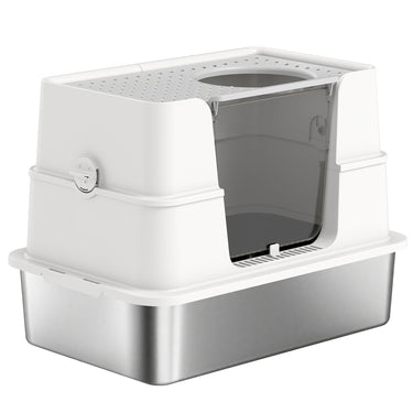 PawHut XL Stainless Steel Litter Box w/ 100Â° Flip Top, Scoop, Side Top Dual Entry, Odor Free, Easy Cleaning, Anti Leakage