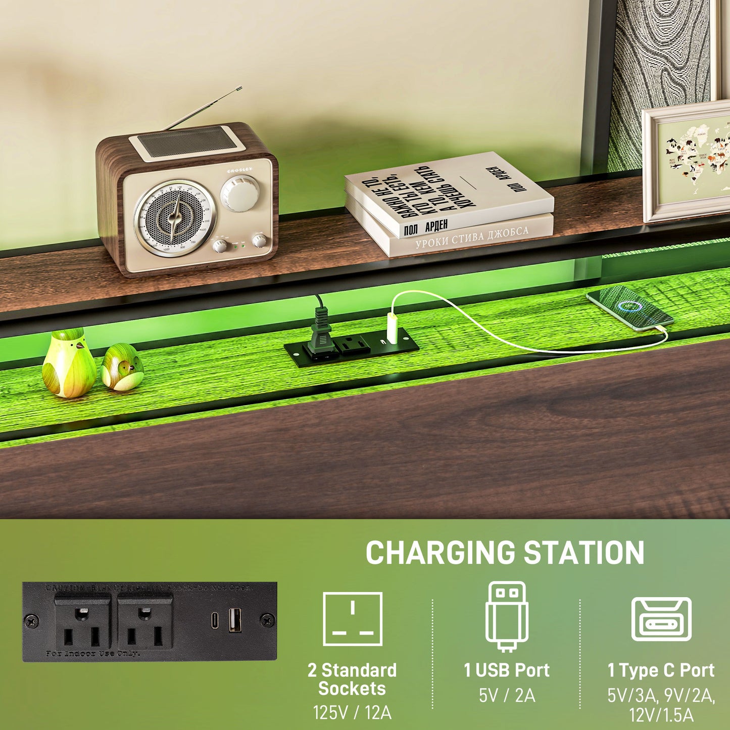 HOMCOM Queen Size Bed Frame with LED Lights and Charging Station, Queen Bed Frame with Storage Headboard, Noise-Free, Walnut