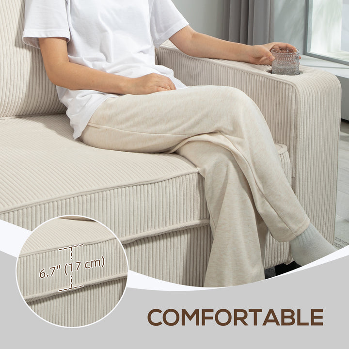 HOMCOM Three Seater Sofa, Fabric 3 Seater Couch with Spring Cushion and Cup Holders for Living Room, Bedroom, Cream White