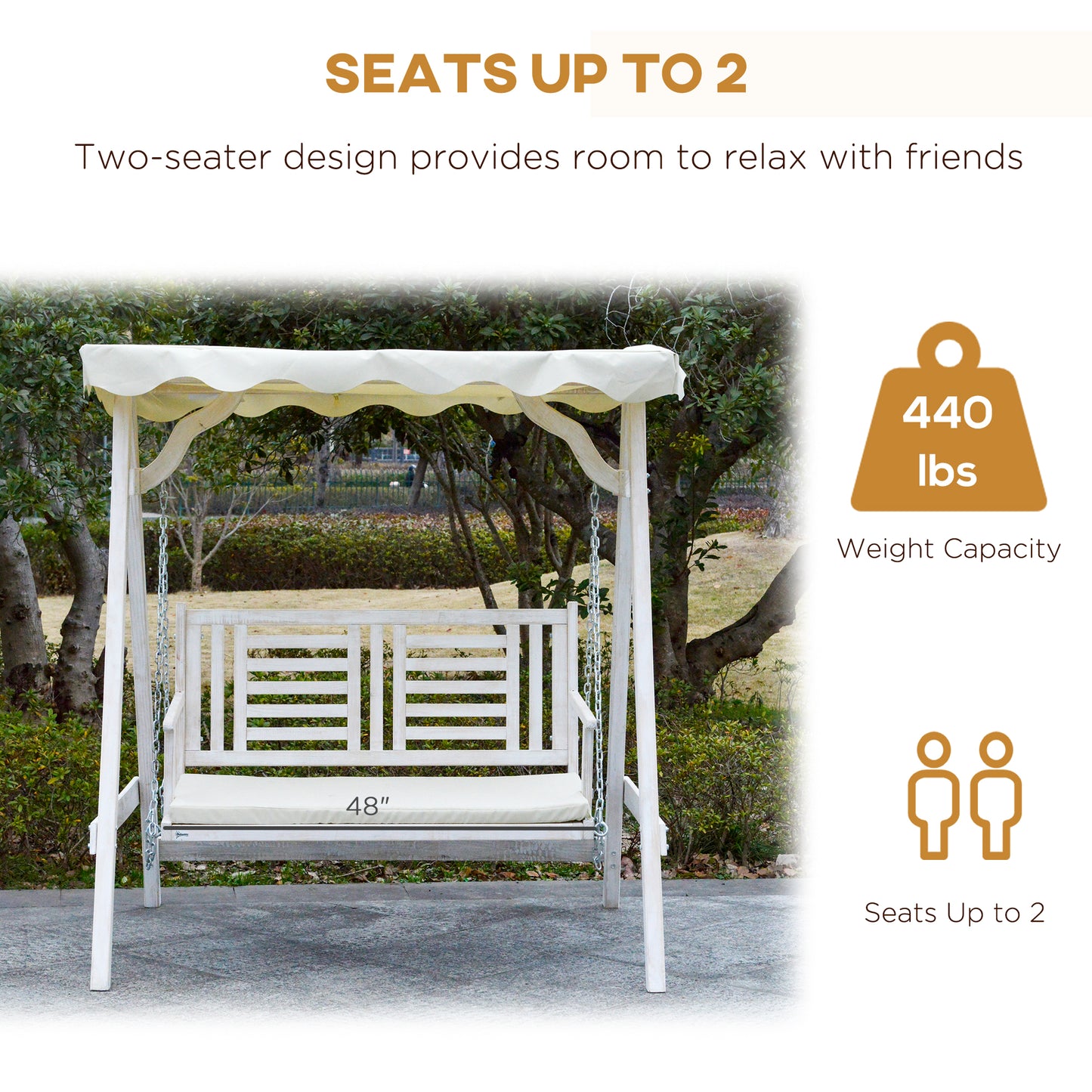 Outsunny 2 Seater Patio Swing with Stand, Canopy and Cushion, Outdoor Swing Chair Wooden Swinging Bench