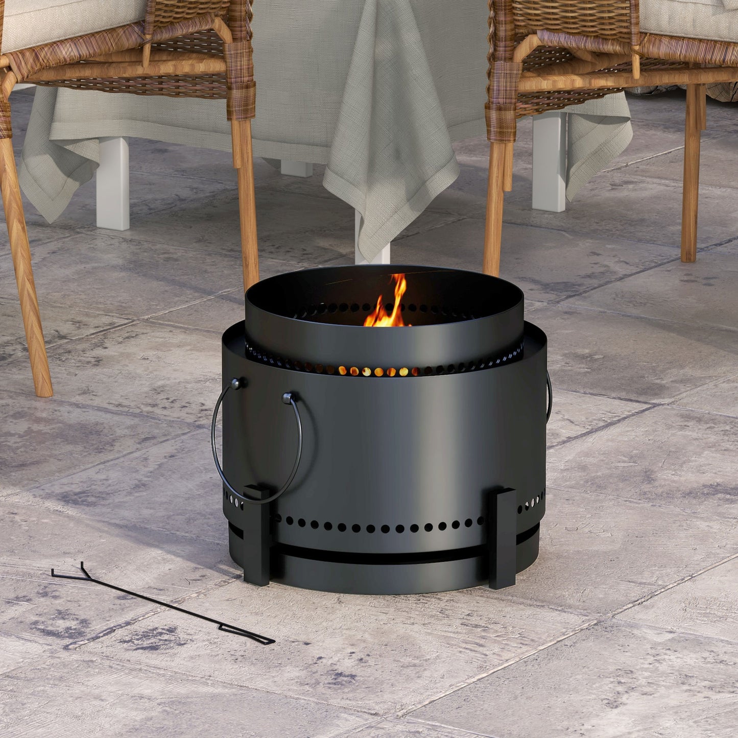 Outsunny Smokeless Fire Pit with Ash Catcher, Portable Wood Burning Firepit with Poker for Garden Camping Bonfire Party, Black