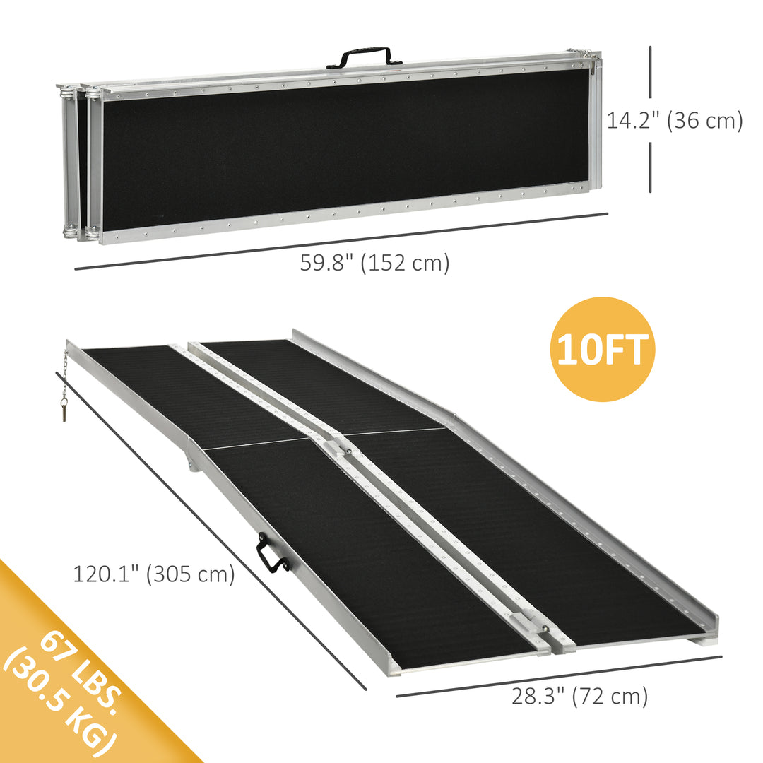 HOMCOM 10ft Wheelchair Ramp, Non-Slip Aluminum Folding Handicap Ramp, Suitable for Door Thresholds, Home Steps, Cars, Scooters, Carts, and Stairs