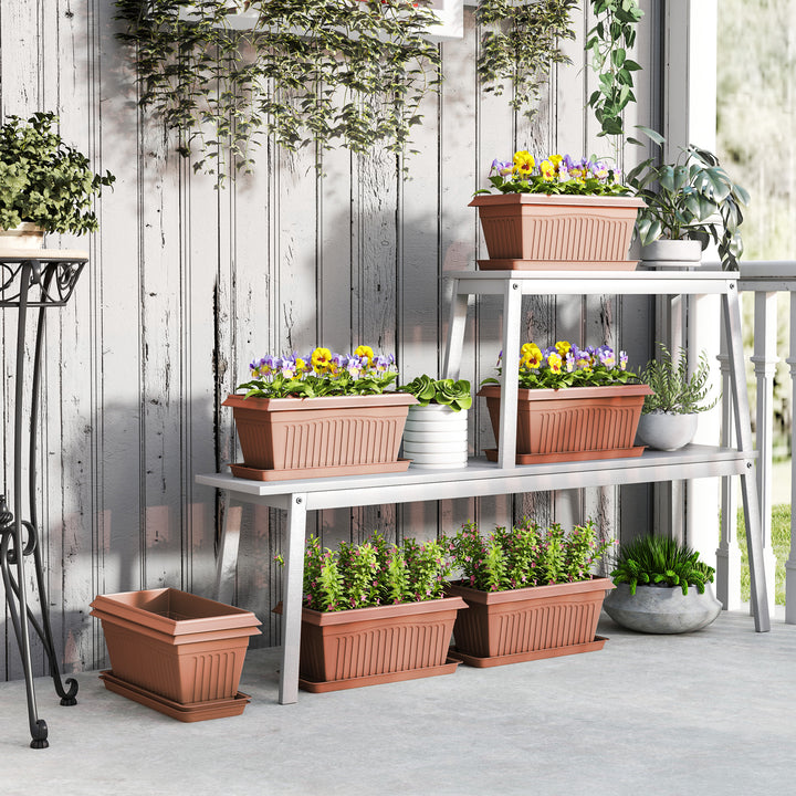 Outsunny 7 Pack 15.7" Plastic Flower Planters with Drainage Holes and Trays, Plant Pots for Indoor Outdoor Plants, Green