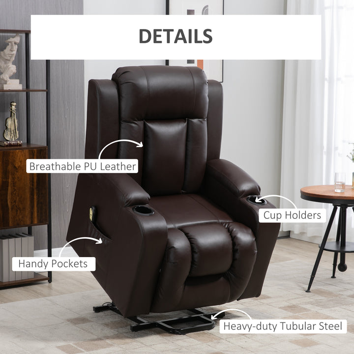 HOMCOM Electric Power Lift Chair, PU Leather Recliner Sofa with Footrest, Remote Control and Cup Holders, Brown