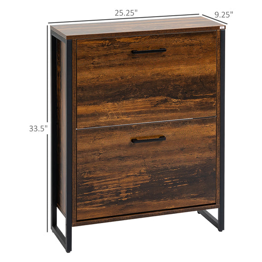 HOMCOM Shoe Cabinet with 2 Flip Doors, Slim 2-Drawer Shoe Cupboard with Divider and Open Compartment for 12 Pairs of Shoes, Entryway Storage Unit, Rustic Brown