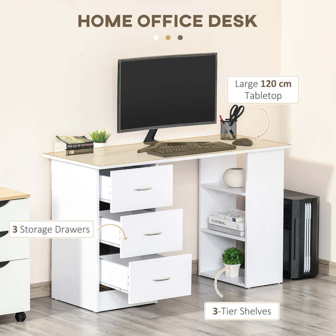 HOMCOM Computer Desk, 47" Writing Table with 3-Tier Shelves and 3 Reversible Drawers for Home Office, Bedroom, White