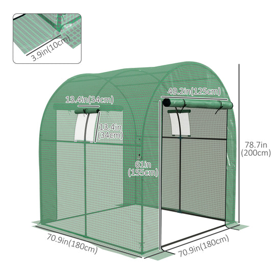 Outsunny Tunnel Greenhouse Walk-in Green House with UV-resistant PE Cover, Doors and Mesh Windows, 6' x 6' x 6.6', Green