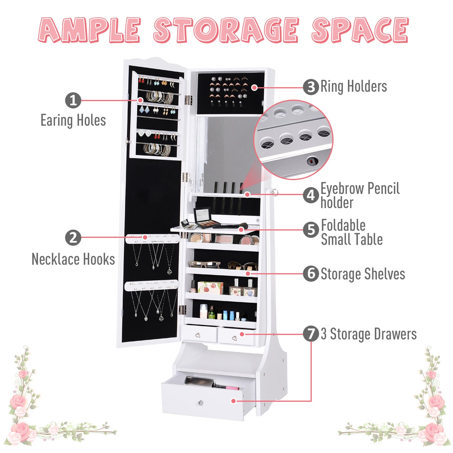 HOMCOM Standing Jewelry Cabinet Organizer Jewelry Armoire with LED Lights, Full Length Mirror, Adjustable Angle, White