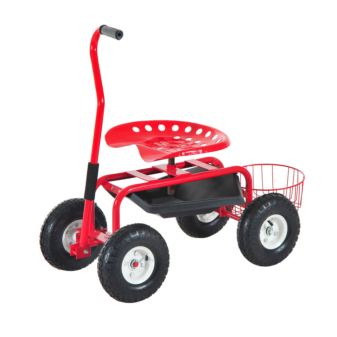 Outsunny Garden Scooter, Rolling Cart with Swivel and Adjustable Seat, Tool Tray, Bucket Basket, Red and Black