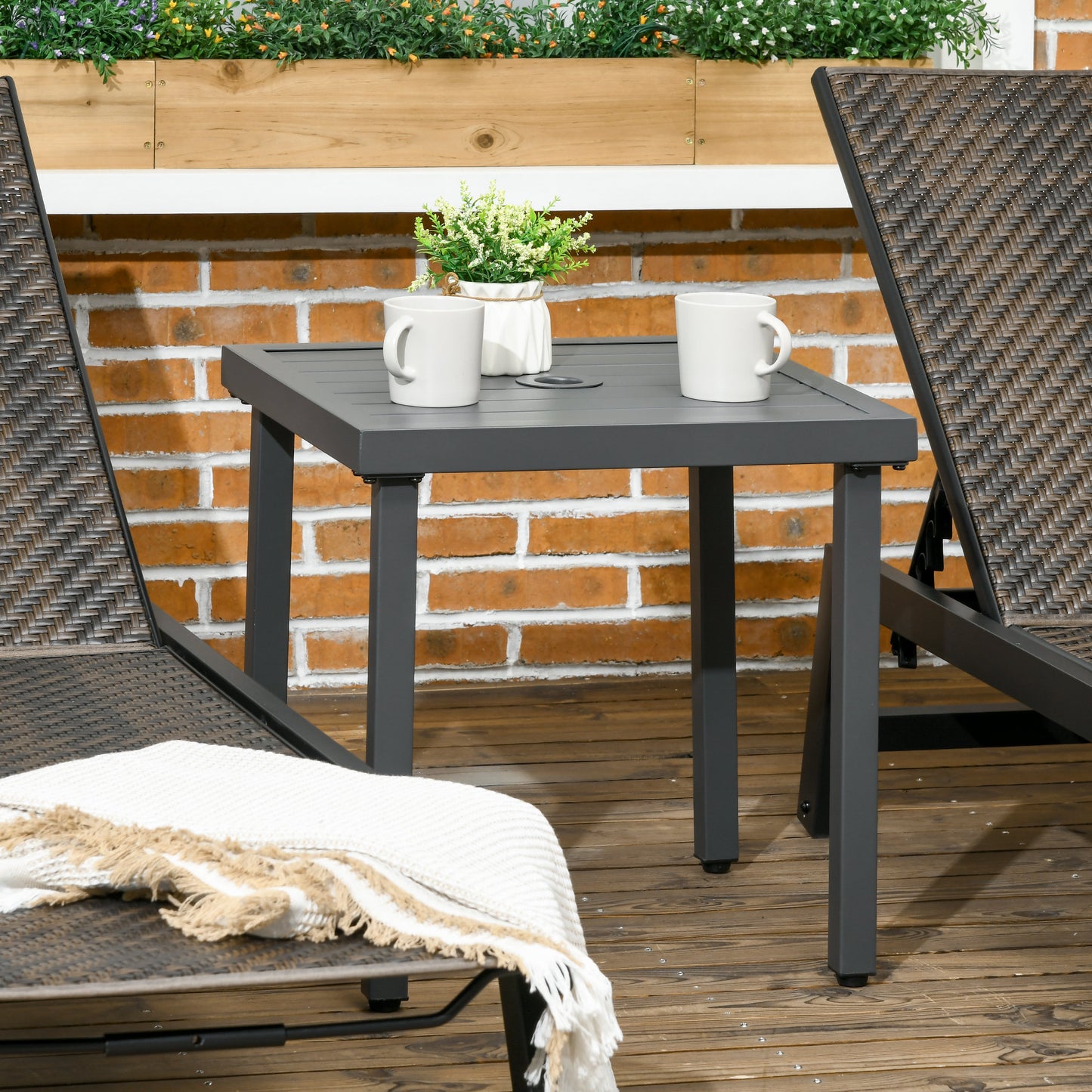 Outsunny Outdoor Side Table, Patio End Table with Umbrella Hole, Small Coffee Table with Steel Frame for Balcony, Black