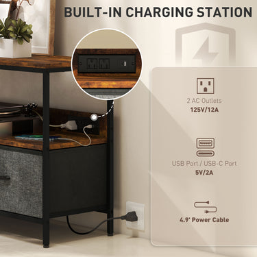 HOMCOM TV Stand with Charging Station, TV Table with 2 Foldable Linen Drawers and Open Shelf for 47 Inch TV, Rustic Brown