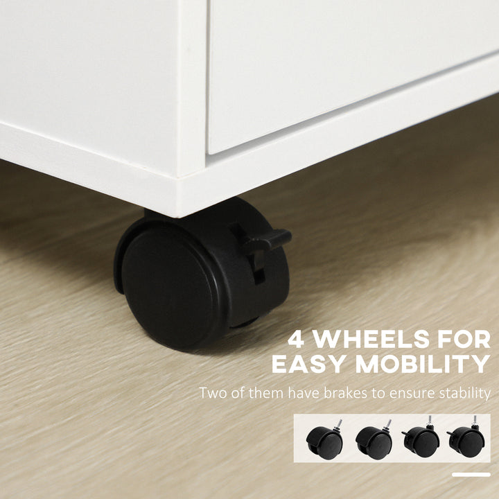 Vinsetto Vertical Filing Cabinet, Mobile File Cabinet on Wheels with 3 Drawers and 4 Open Shelves, Printer Stand with Lockable Casters for Home Office, White