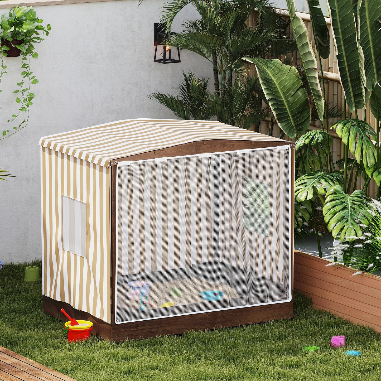 Qaba Kids Sandbox with Full Covered Canopy, Bench Seats, Bottom Liner, for Ages 3-6, 56" x 40" x 52", Brown