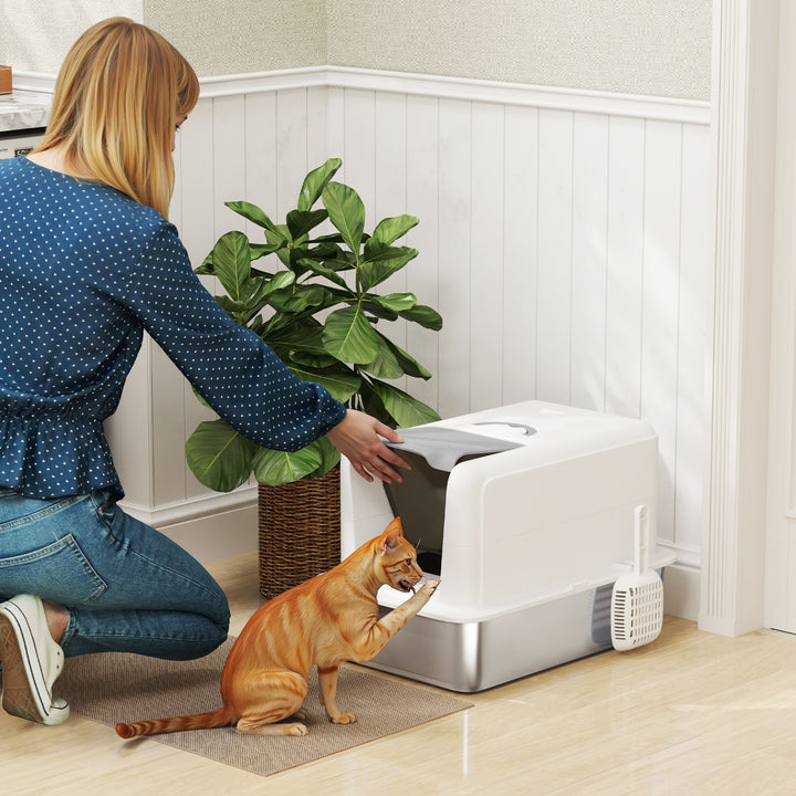 PawHut Stainless Steel Cat Litter Box w/ Removable Lid & Scoop, for Small to Large Cats, Easy to Clean, White