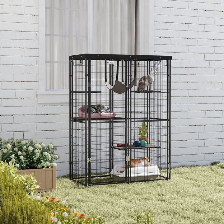 PawHut Metal Cat Cage with Waterproof Cover, 4 Platforms, Hammock, Washable Cushions for 1-3 Kittens, 46.5" x 22" x 62", Black