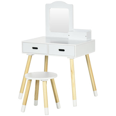 Qaba Kids Vanity Set with Mirror and Stool, Makeup Dressing Table with Drawers for Children Aged 3-6 Years, White