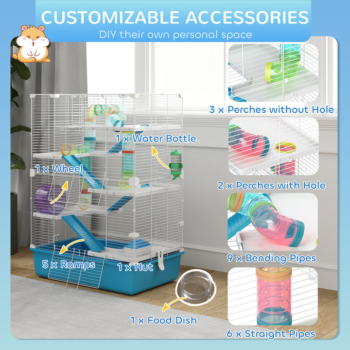 PawHut 6 Tier Hamster Cage w/ Tunnels and Tubes, Hut, Wheel, Food Dish, Water Bottle, Ramps, for Dwarf & Gerbil, Light Blue