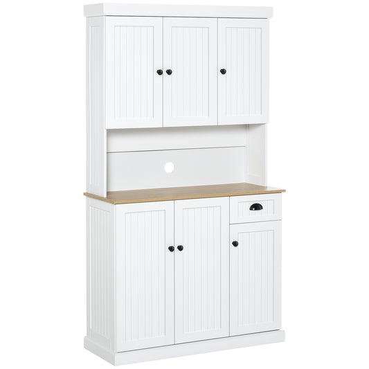 HOMCOM 71" Kitchen Pantry Buffet with Hutch Storage Cabinet Microwave Oven Stand with Drawer, White, Oak