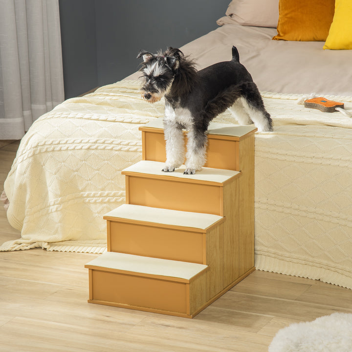 PawHut 4 Levels Wooden Dog Steps Pet Stairs for High Bed, Cat Ladder for Bed Couch with Non-Slip Carpet, Dark Coffee