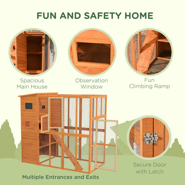 PawHut 68.7" H Cat Cage Large Wooden Outdoor Cat House with Large Run for Play, Catio for Lounging, and Condo Area for Sleeping, White