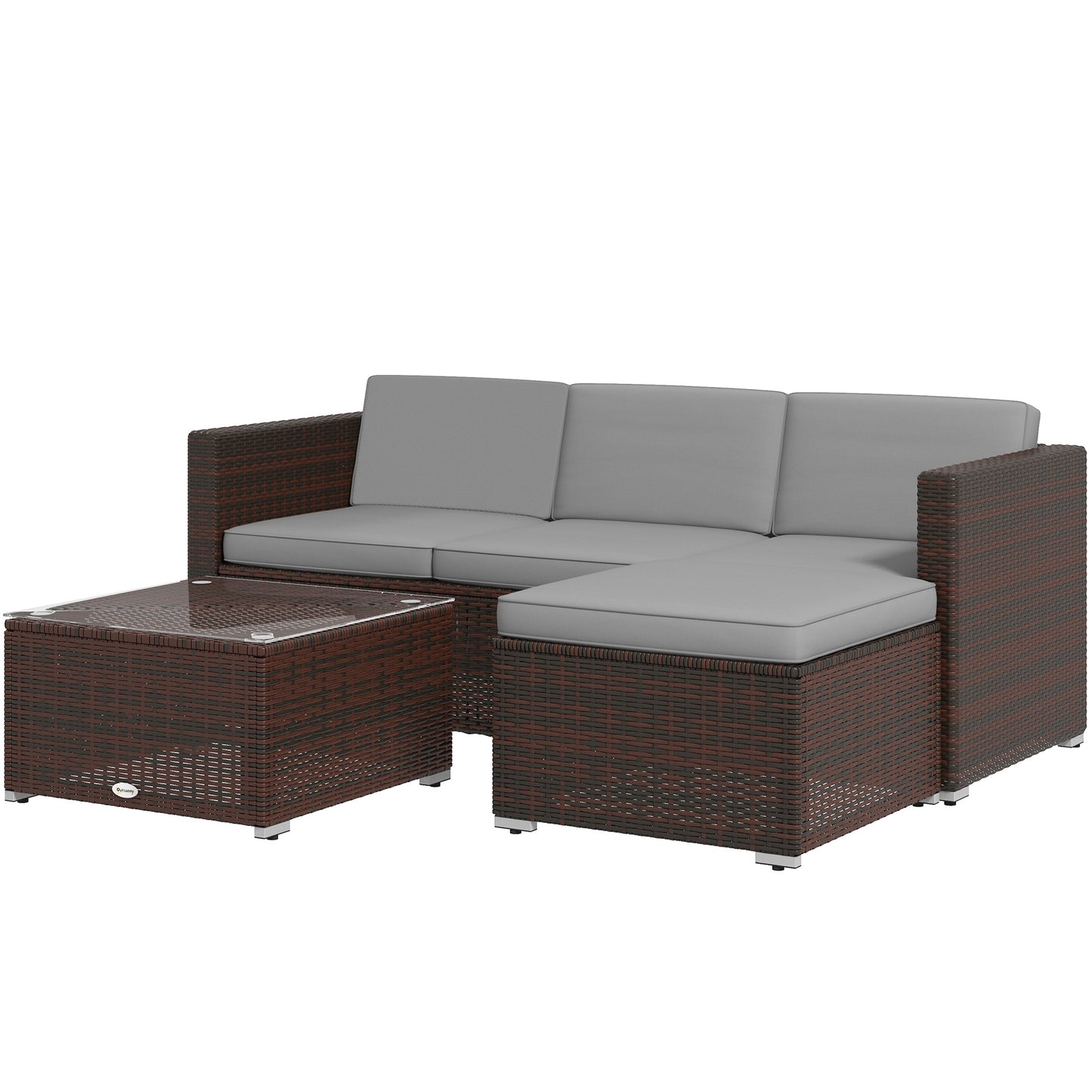 Outsunny 3 Pieces Patio Furniture Set with Cushions, Outdoor PE Rattan Wicker Conversation Corner Sofa Set with Glass Top Table and Adjustable Foot for Garden, Lawn, Cream White