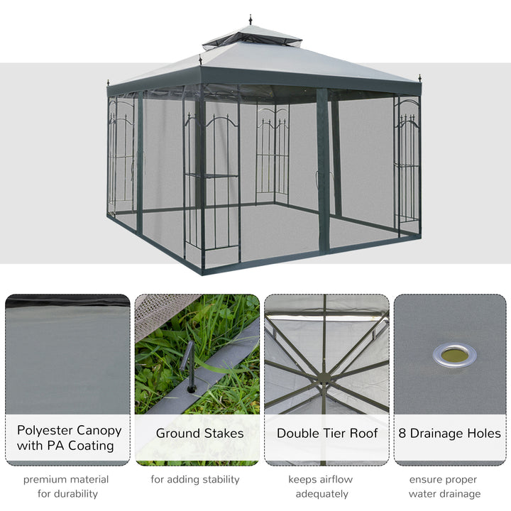 Outsunny 10' x 10' Steel Outdoor Patio Gazebo Canopy with Removable Mesh Curtains, Display Shelves, & Steel Frame, Grey