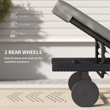 Outsunny PE Rattan Tanning Chair, Outdoor Patio Lounger with 5-Level Adjustable Back, Wheels and Cushion, Grey