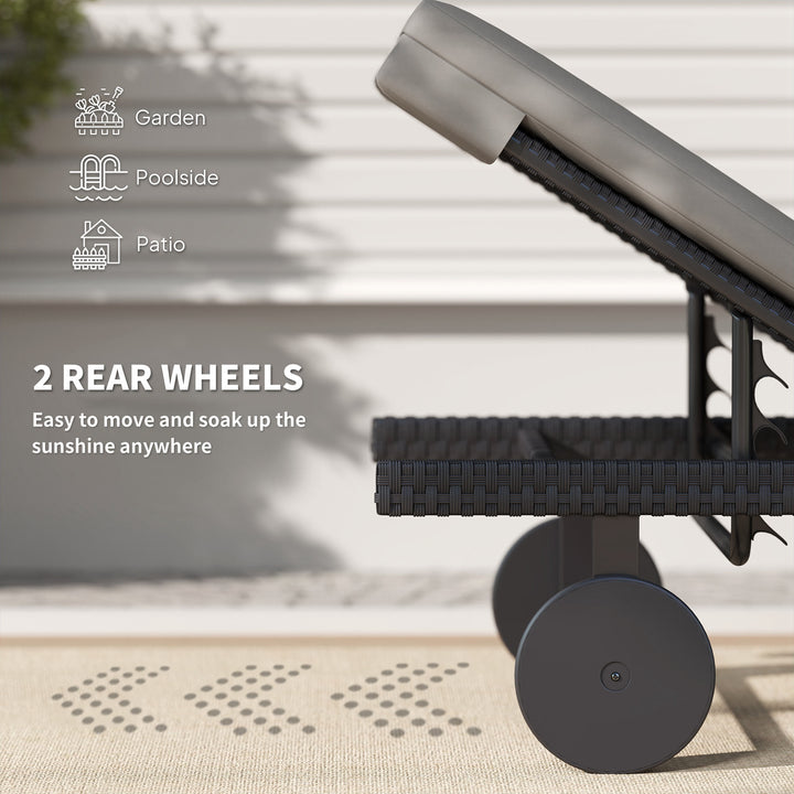 Outsunny PE Rattan Tanning Chair, Outdoor Patio Lounger with 5-Level Adjustable Back, Wheels and Cushion, Grey