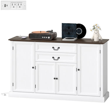 HOMCOM Farmhouse Sideboard with Charging Station and Thickened Top, 58" Buffet Cabinet with 2 Soft-Close Drawers, White
