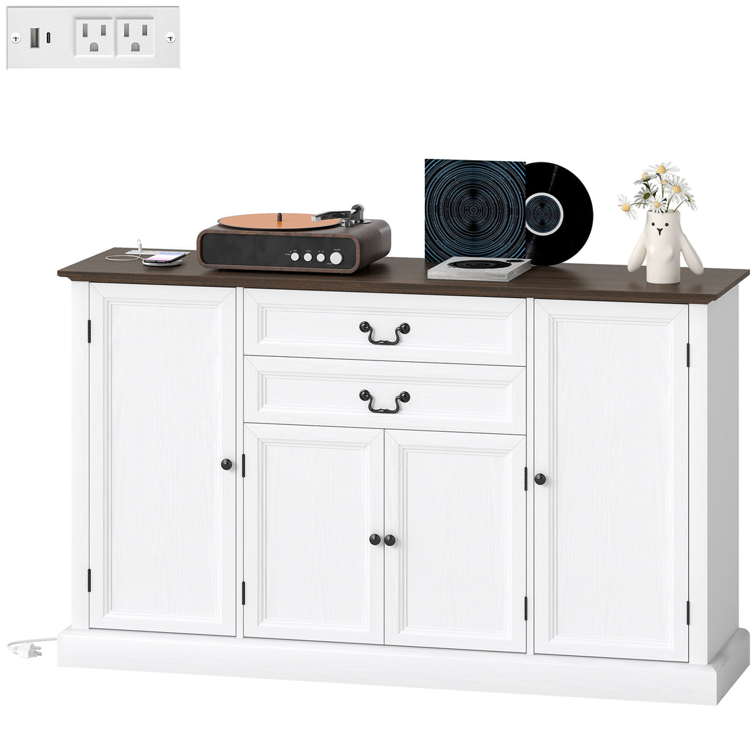 HOMCOM Farmhouse Sideboard with Charging Station and Thickened Top, 58" Buffet Cabinet with 2 Soft-Close Drawers, White