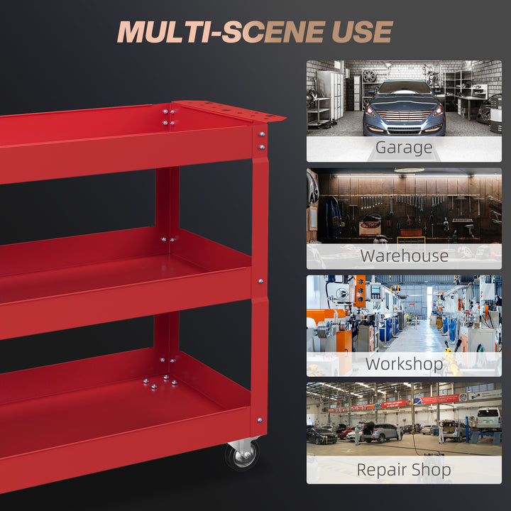 DURHAND 3 Tier Rolling Tool Cart with Wheels, 330 LBS Capacity Heavy Duty Utility Cart, Mobile Service Cart for Garage, Red