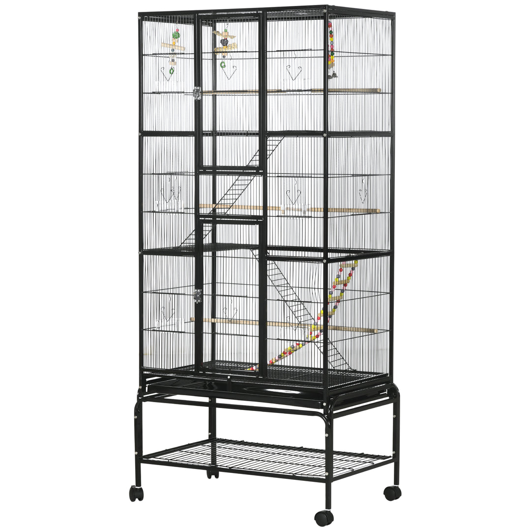 PawHut 71" Bird Cage with Wheels Perches, Ramp, Storage Shelf, Toys for Canaries, Finches, Cockatiels, Parakeets, White