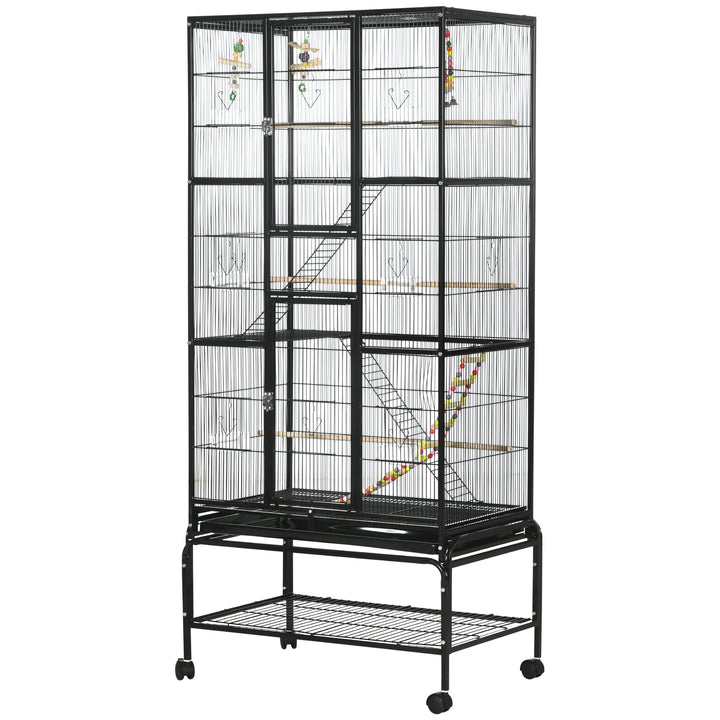 PawHut 71" Bird Cage with Wheels Perches, Ramp, Storage Shelf, Toys for Canaries, Finches, Cockatiels, Parakeets, White
