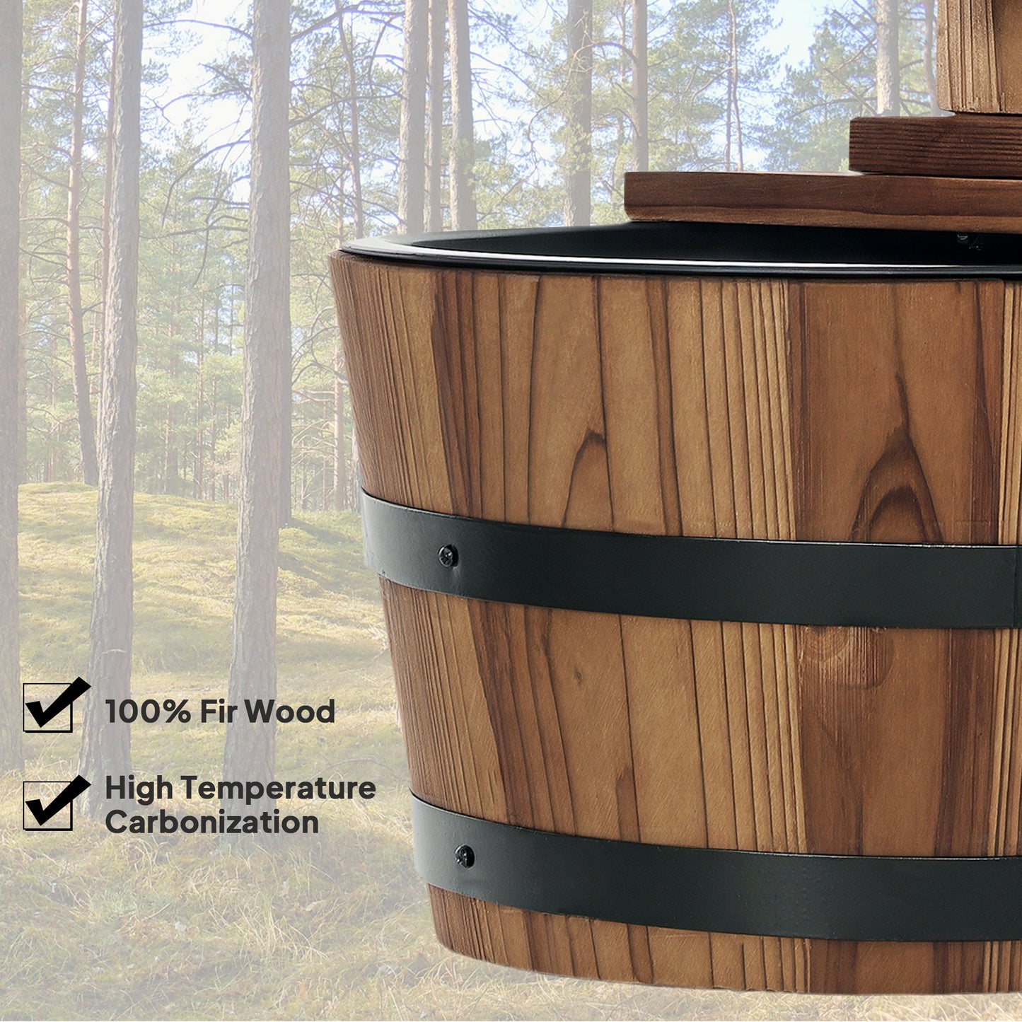 Outsunny Outdoor Waterfall Fountain, Garden Wood Barrel, Carbonized