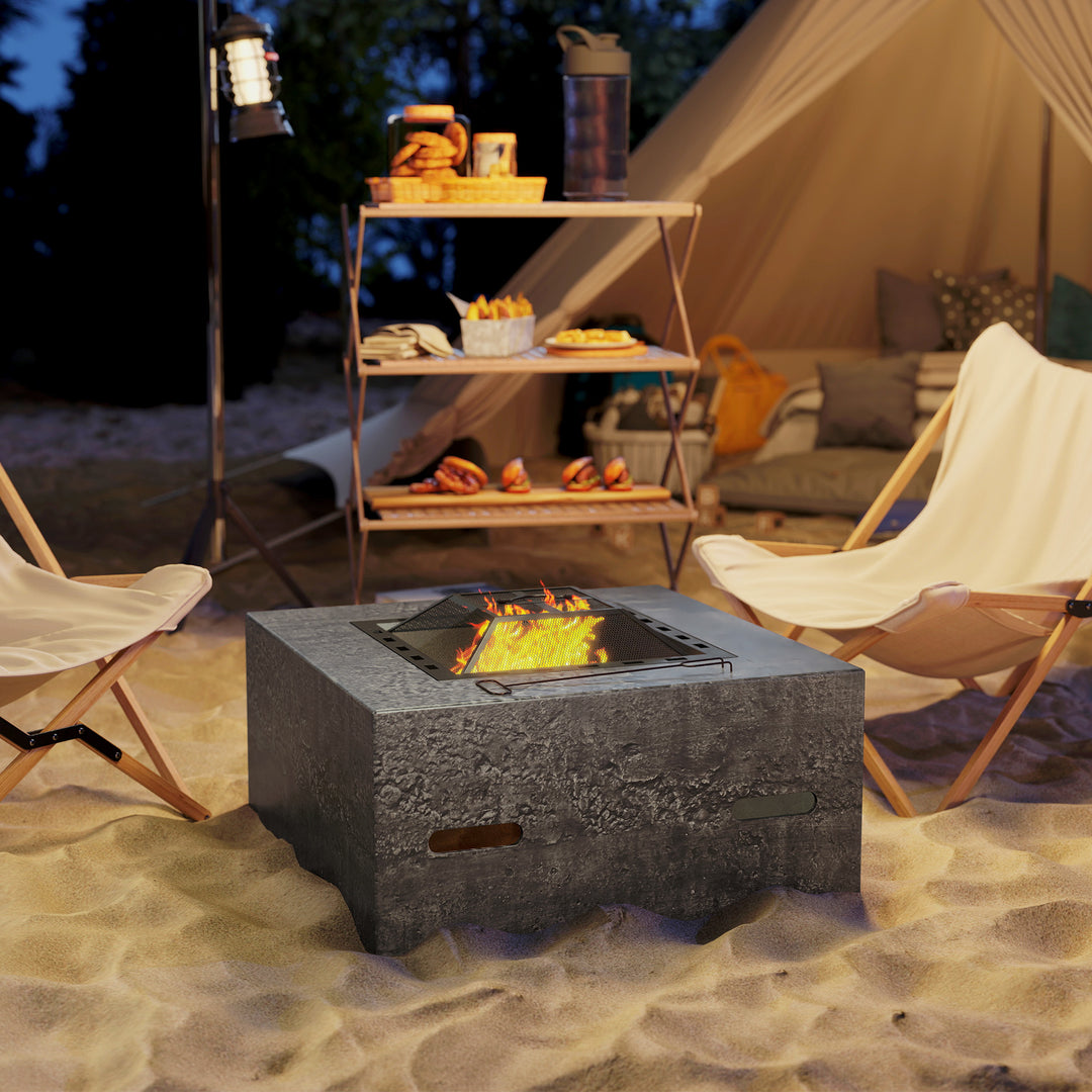 Outsunny Fire Pit with Fire Poker, Wood Burning Firepit for Outside with Mesh Lid, Magnesium Oxide Stone Texture, Charcoal Grey