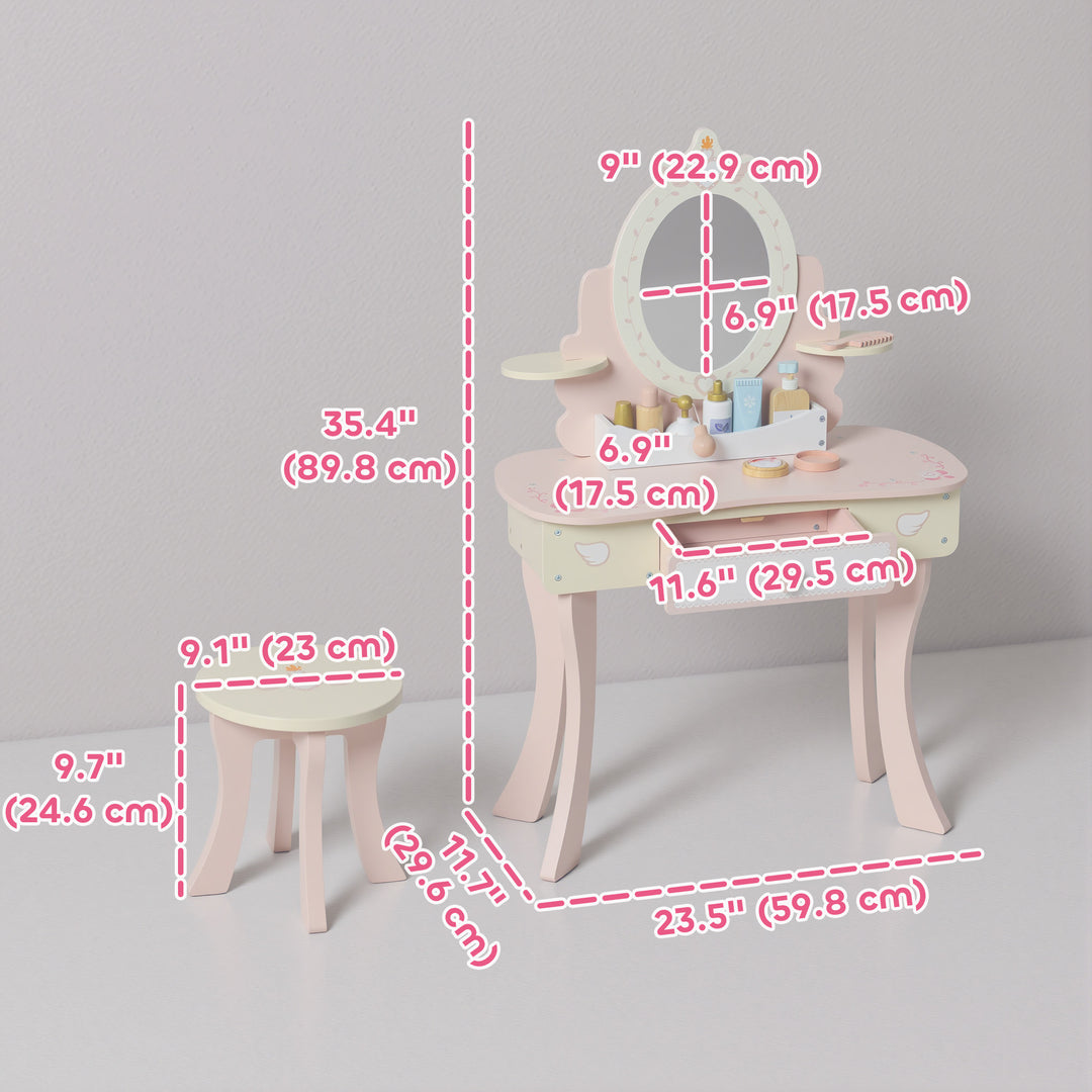 Qaba Kids Vanity Set, Girls Dressing Table with Mirror and Stool, 7 Accessories, Drawers, Desktop Storage, Pink