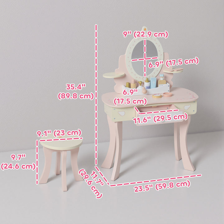Qaba Kids Vanity Set, Girls Dressing Table with Mirror and Stool, 7 Accessories, Drawers, Desktop Storage, Pink