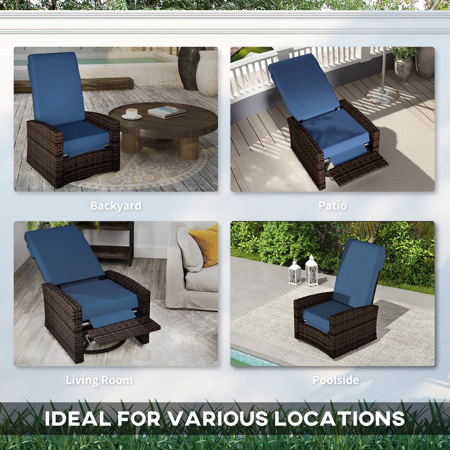 Outsunny Outdoor Rattan Wicker Lounge Chair with Footrest & Soft Cushion for Patio, Garden, Backyard, Sky Blue