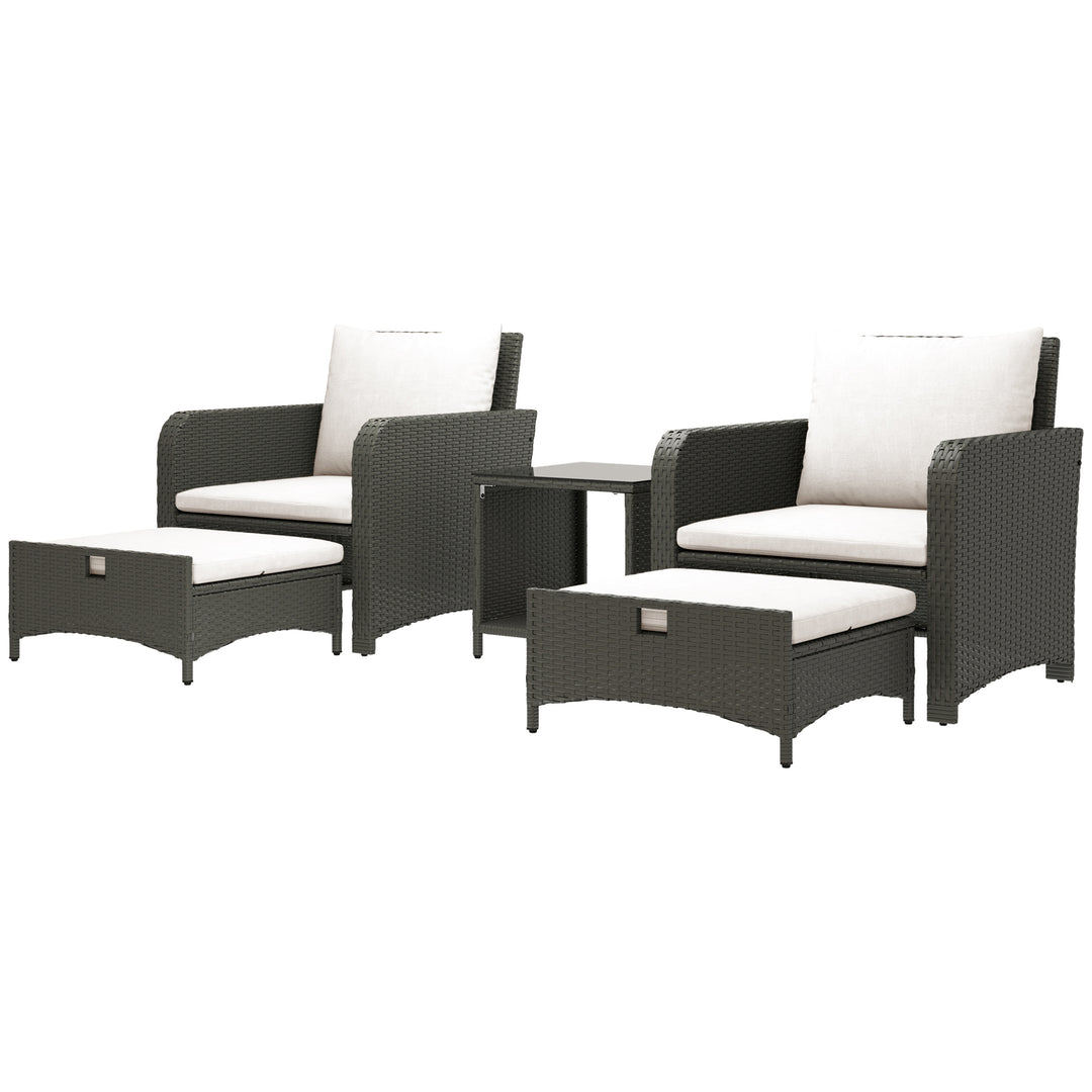 Outsunny 5 Piece Rattan Balcony Furniture Set, Wicker Outdoor Furniture Set with 2-Tier Coffee Table, Ottomans, Grey, Cream White