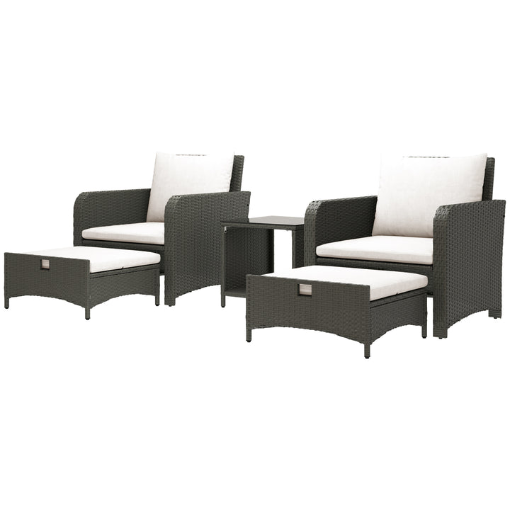 Outsunny 5 Piece Rattan Balcony Furniture Set, Wicker Outdoor Furniture Set with 2-Tier Coffee Table, Ottomans, Grey, Cream White