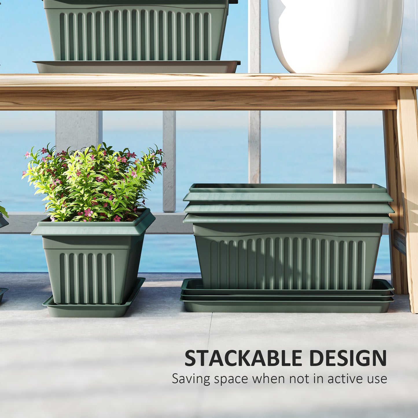 Outsunny 7 Pack 15.7" Plastic Flower Planters with Drainage Holes and Trays, Plant Pots for Indoor Outdoor Plants, Green