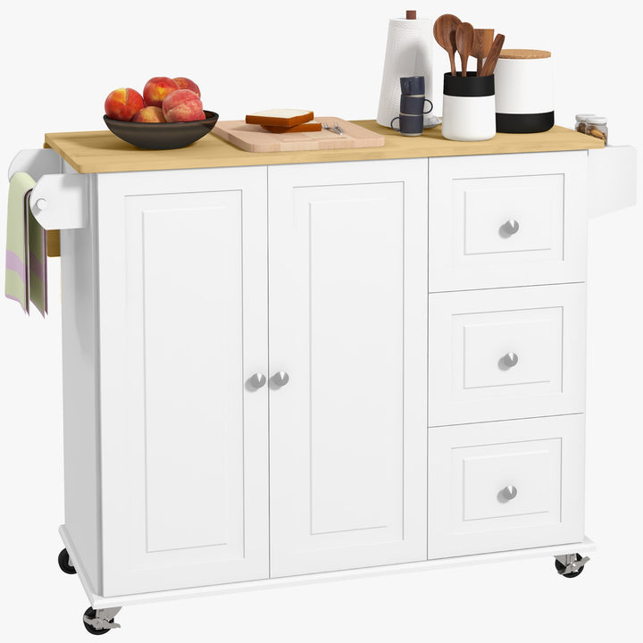 HOMCOM Kitchen Island on Wheels, Kitchen Cart with Drop Leaf, Drawers, White