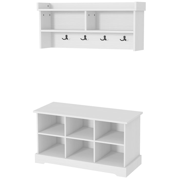 HOMCOM Coat Rack Shoe Bench Set, Entryway Shoe Bench with 8 Storage Cubbies, 4 Hooks for Hallway, Living Room, White