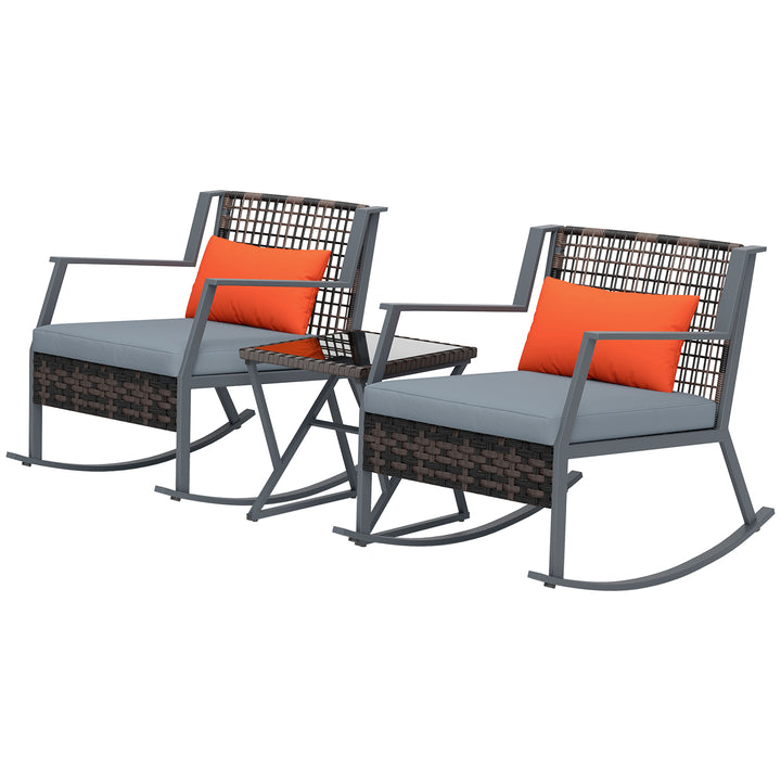 Outsunny 3 Pieces Rocking Bistro Set, Wicker Patio Furniture Set with Cushions and Glass Table for Porch, Balcony, Grey