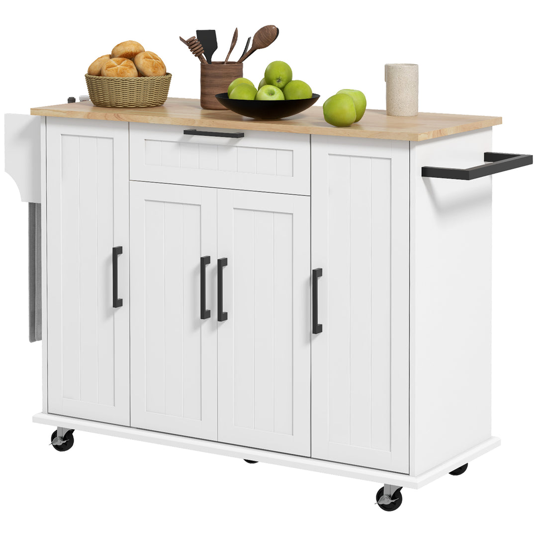 HOMCOM Modern Rolling Kitchen Island Cart with Drawers, Natural Wood Top, Towel Rack, Door Storage Cabinet, White
