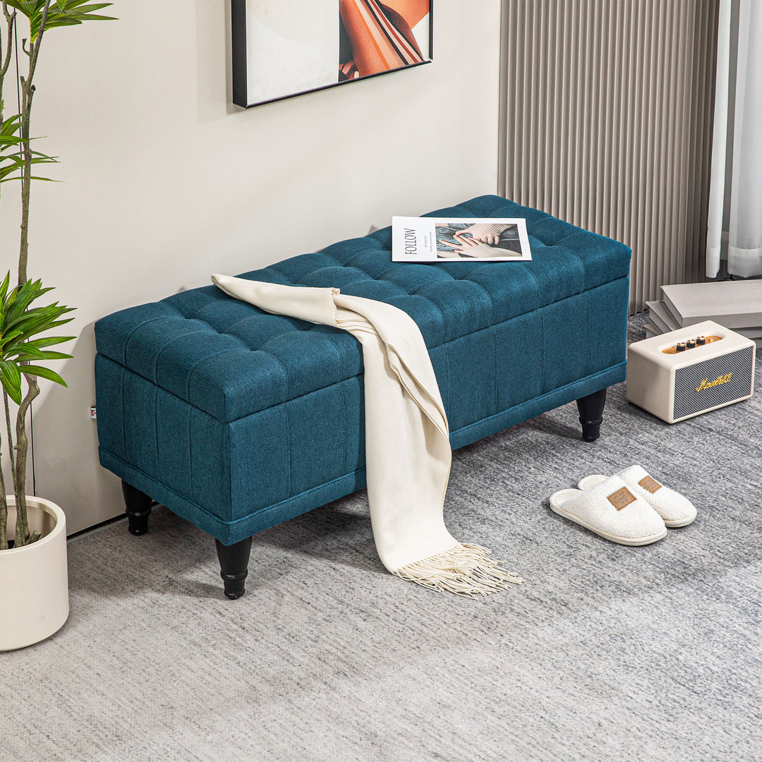 HOMCOM Storage Ottoman, Linen Fabric End of Bed Bench with Button Tufted Storage Bench for Bedroom, Blue